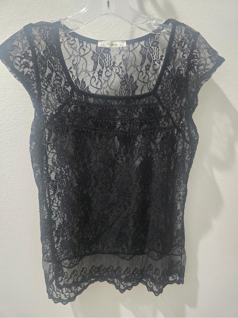 Soprano Black Sheer Lace Cap-Sleeve Top